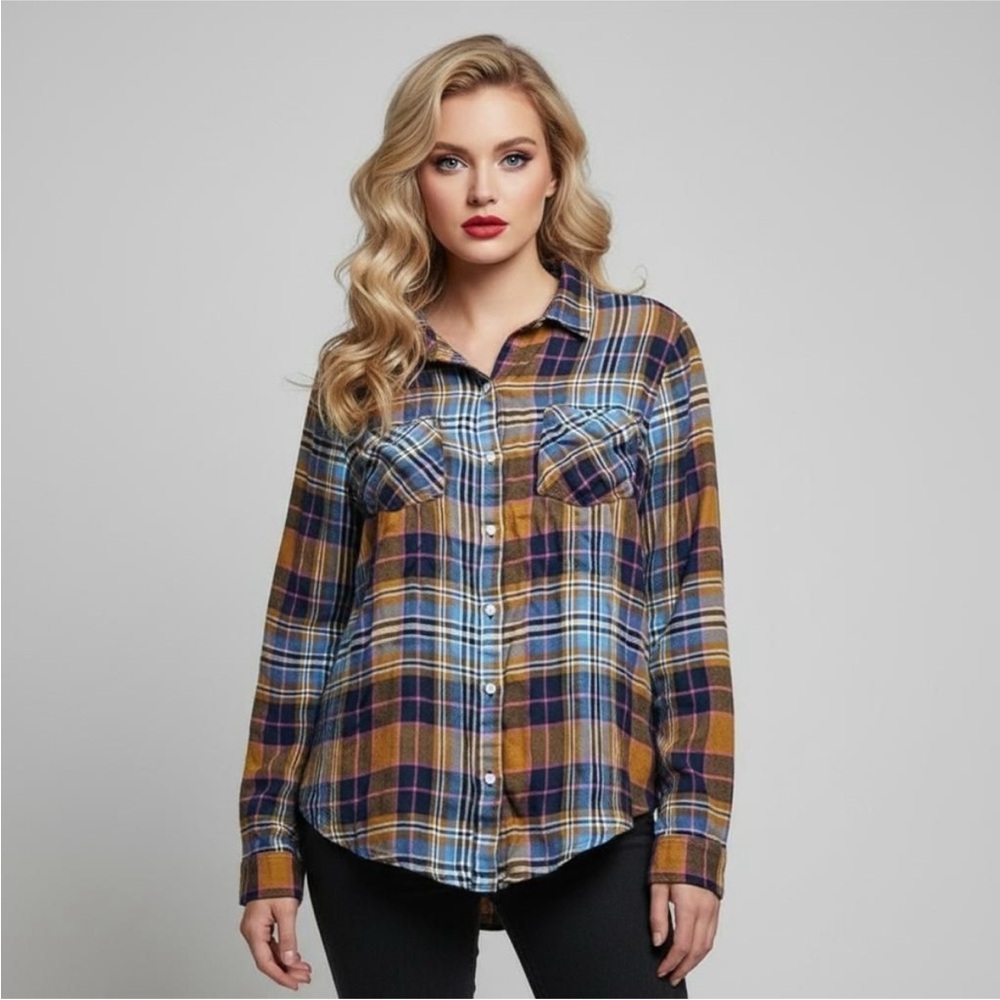 Lucky Brand Blue and Brown Plaid Button Down Shirt